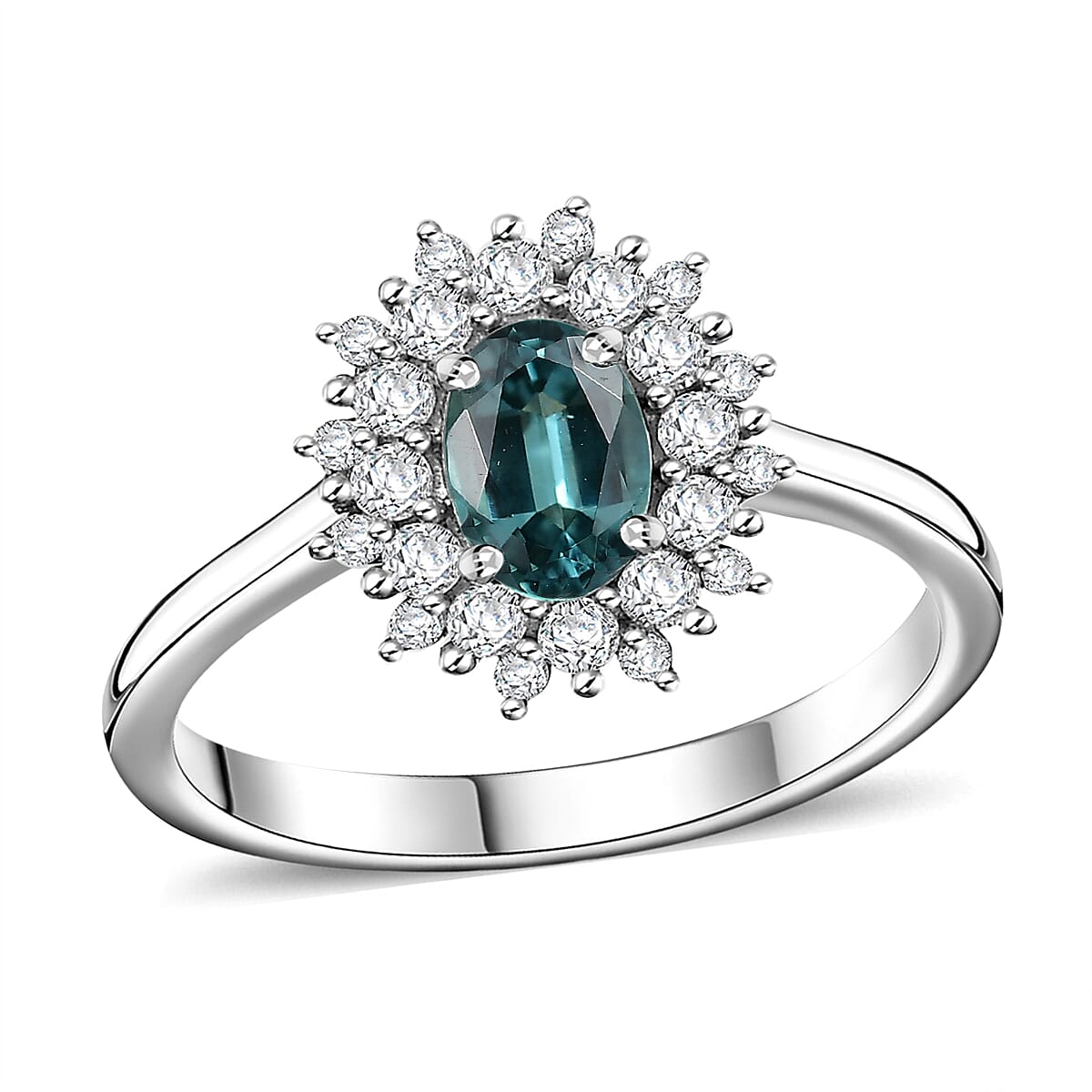 Lagoon Tourmaline, Moissanite Ring in Rhodium Over Sterling Silver (Size 10.0) 0.85 ctw