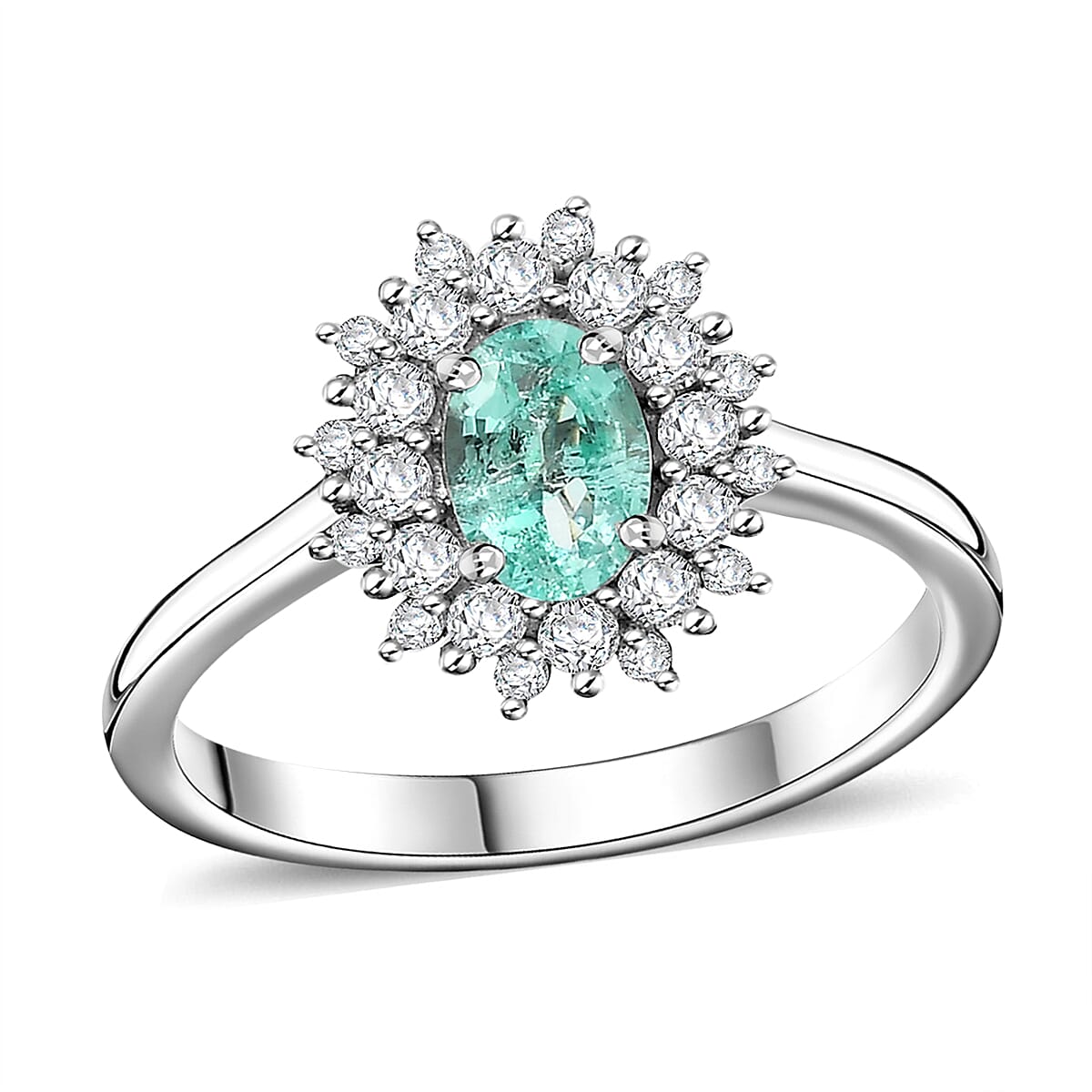 Premium Boyaca Colombian Emerald, Moissanite Ocean Dawn Ring in Rhodium Over Sterling Silver (Size 10.0) 0.75 ctw