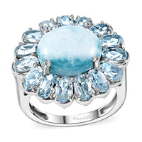 Premium Larimar, Sky Blue Topaz Cocktail Ring in Rhodium Over Sterling Silver (Size 10.0) 9.70 ctw