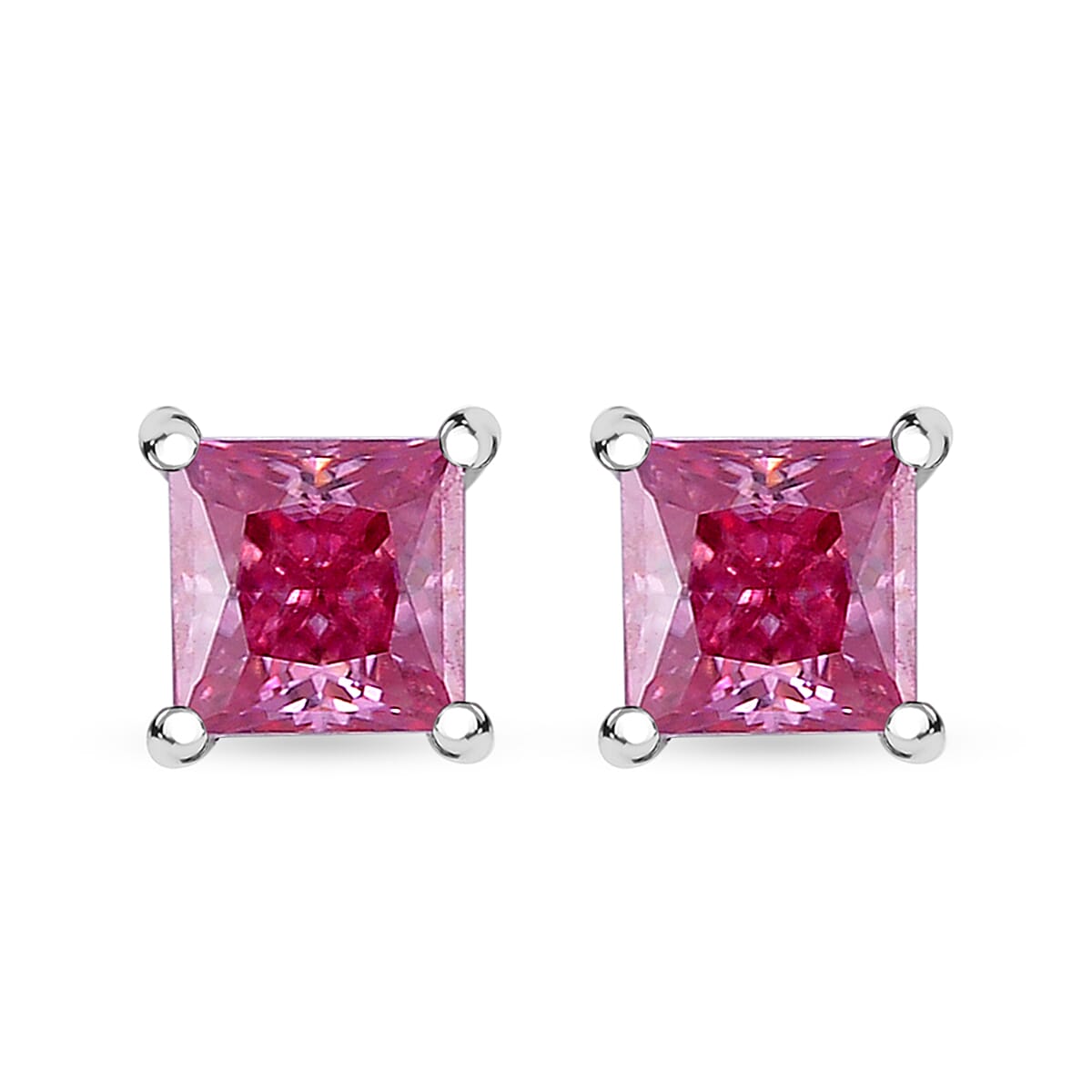 Lotus Pink Moissanite (Sqr 5.5mm) Solitaire Stud Earrings in Rhodium Over Sterling Silver 1.70 ctw