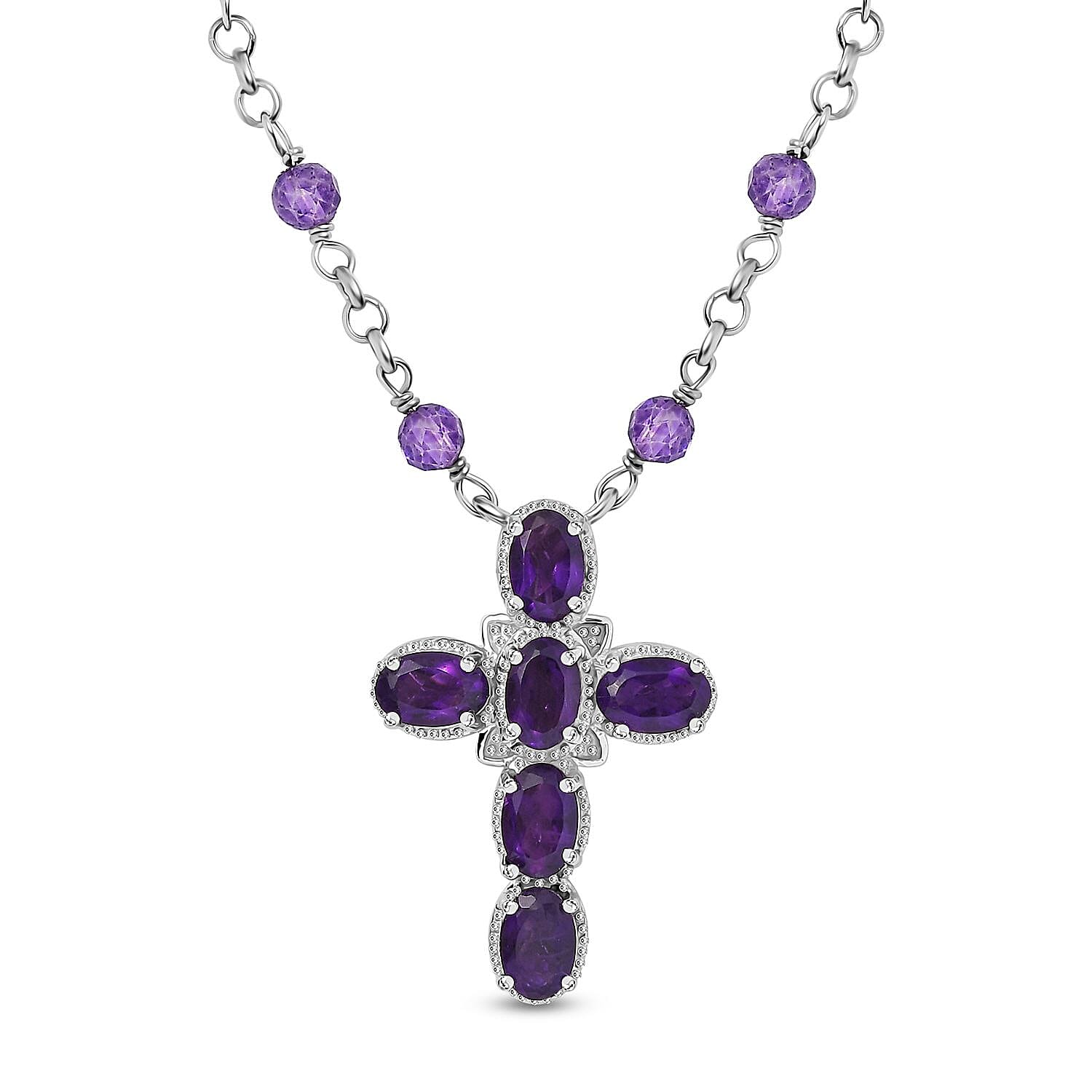 Karis African Amethyst 6.90 ctw Cross Necklace in Platinum Bond and Stainless Steel 18 Inches