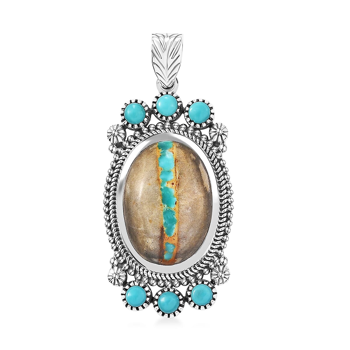 D'Joy Artisan Crafted Royston Ribbon Turquoise and Sleeping Beauty Turquoise 12.00 ctw Pendant without Chain in Black Oxidized Sterling Silver