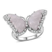 Natural Jade, White Zircon Butterfly Ring in Rhodium Over Sterling Silver (Size 10.0) 8.25 ctw
