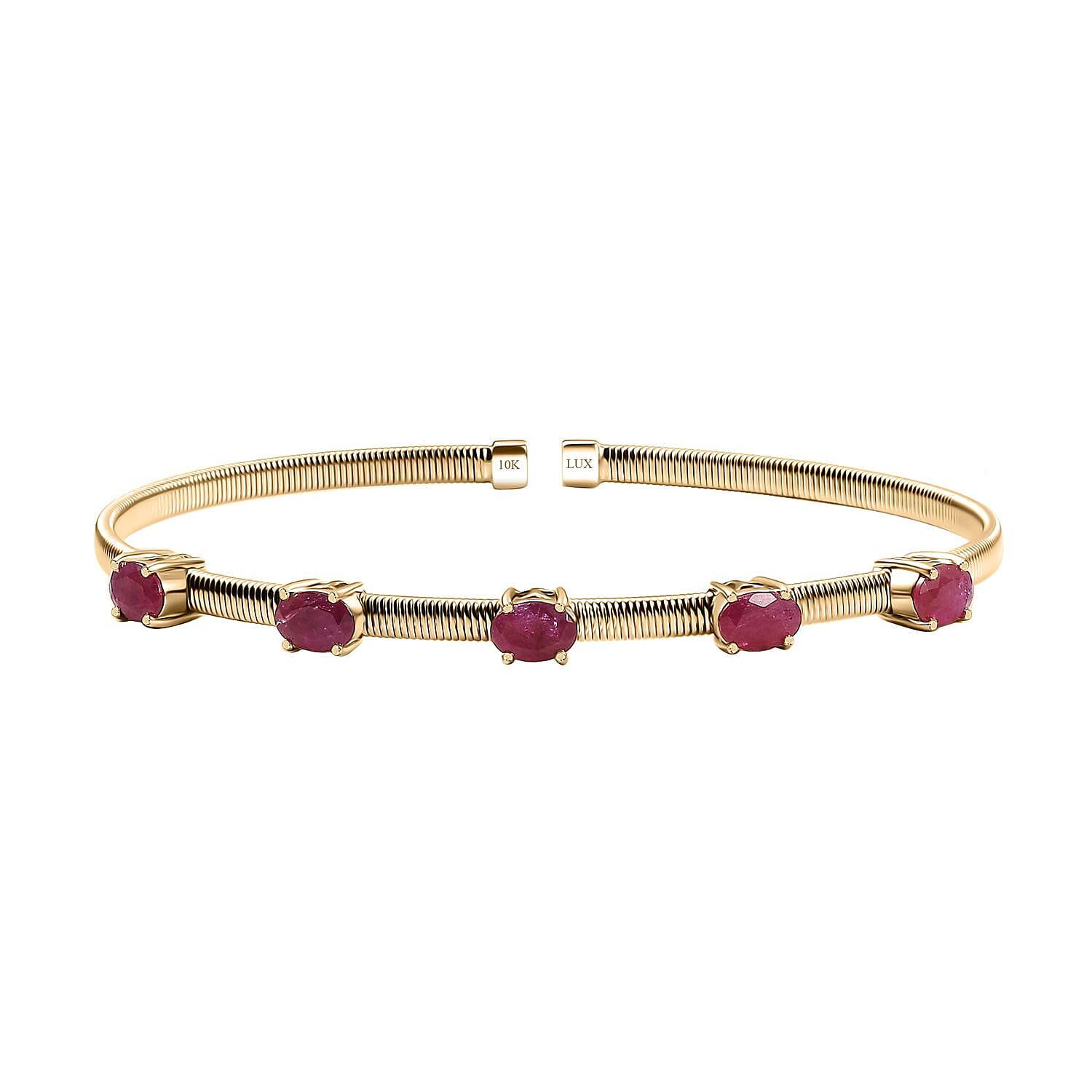 Doorbuster Luxoro 10K Yellow Gold AAA Montepuez Ruby Bangle Bracelet (7.25 In) (6.90 g) 3.00 ctw