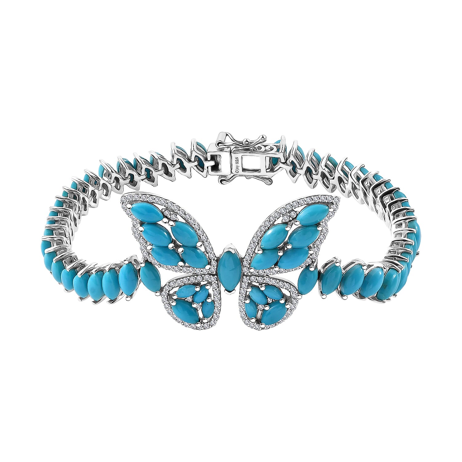 Premium Sleeping Beauty Turquoise, Moissanite Butterfly Bracelet in Rhodium Over Sterling Silver (6.50 In) 15.90 ctw