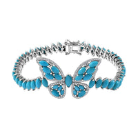 Premium Sleeping Beauty Turquoise, Moissanite Butterfly Bracelet in Rhodium Over Sterling Silver (6.50 In) 15.90 ctw