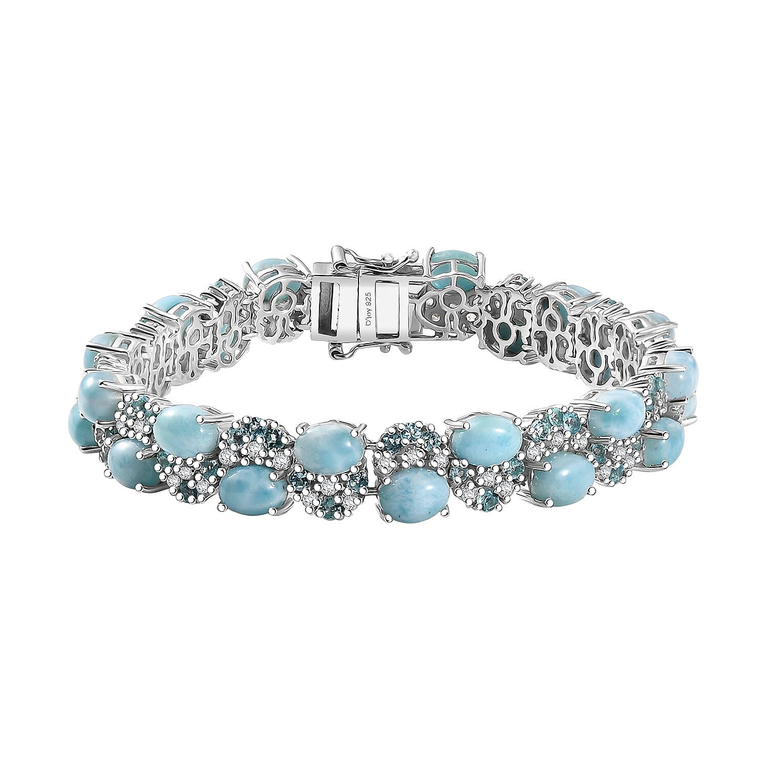 Premium Larimar, Multi Gemstone Bracelet in Rhodium Over Sterling Silver (7.25 In) 29.70 ctw