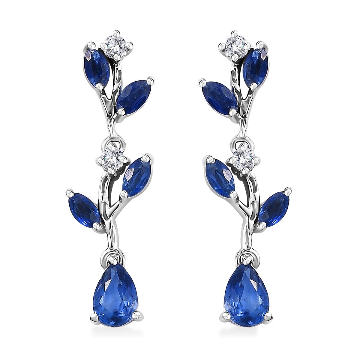 Kashmir Kyanite and White Zircon 2.35 ctw Leaf Earrings in Rhodium Over Sterling Silver
