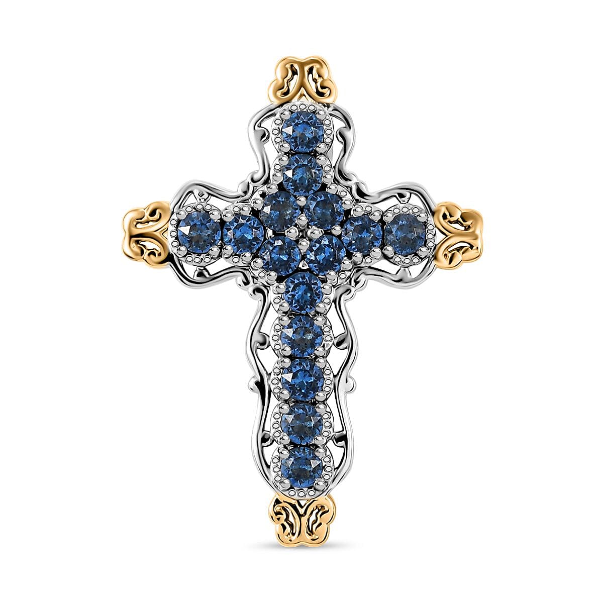 J Francis Embellished with Denim Blue Color Crystal by Swarovski Cross Pendant in 18K YG Plated and Platinum Bond