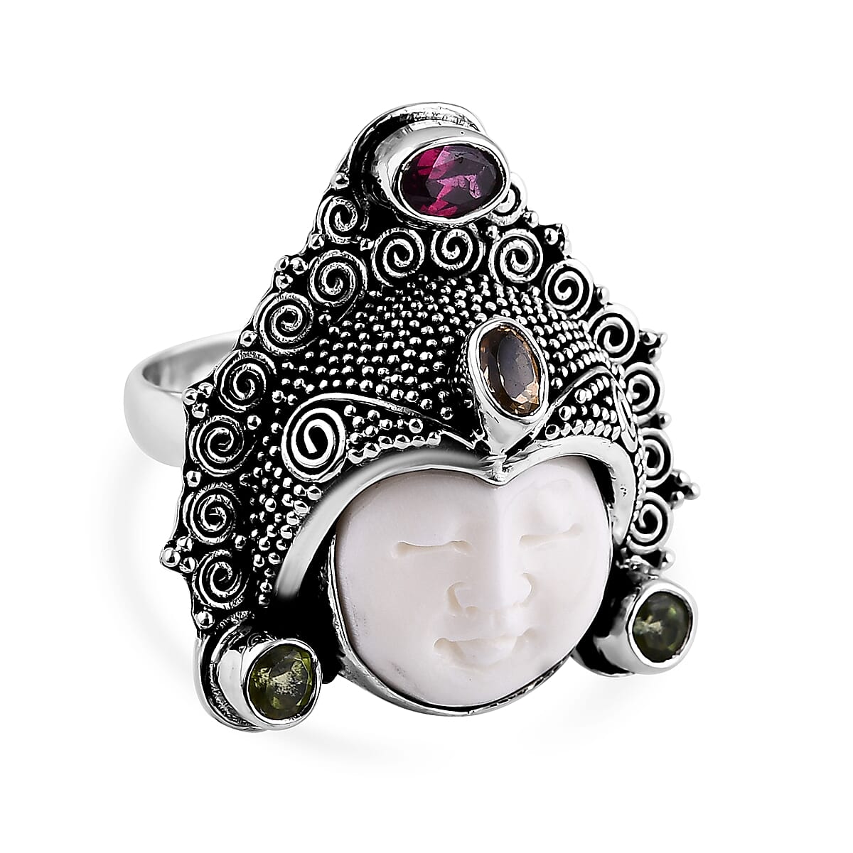 Bali Goddess Carved Bone, Multi Gemstone Ring in Sterling Silver (Size 10.0) 1.40 ctw
