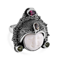 Bali Goddess Carved Bone, Multi Gemstone Ring in Sterling Silver (Size 10.0) 1.40 ctw