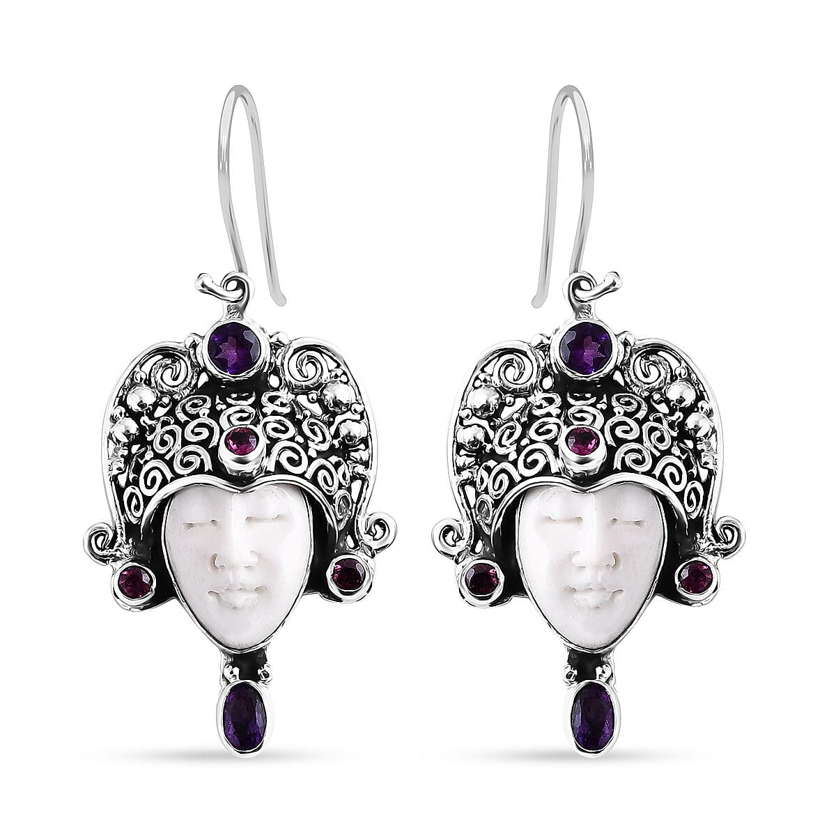 Bali Goddess Carved Bone and Multi Gemstone 2.70 ctw Earrings in Sterling Silver