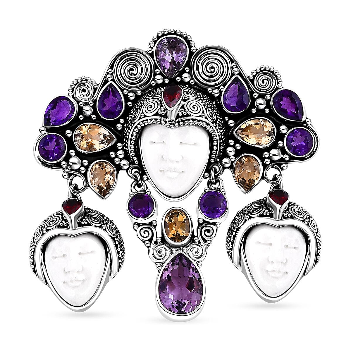 Bali Goddess Carved Bone and Multi Gemstone 18.20 ctw Pendant without Chain in Sterling Silver