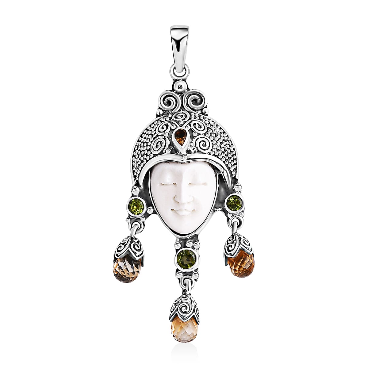 Bali Goddess Carved Bone and Multi Gemstone 7.70 ctw Pendant without Chain in Sterling Silver