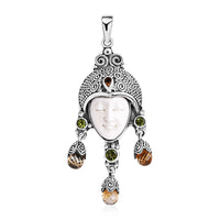 Bali Goddess Carved Bone and Multi Gemstone 7.70 ctw Pendant without Chain in Sterling Silver