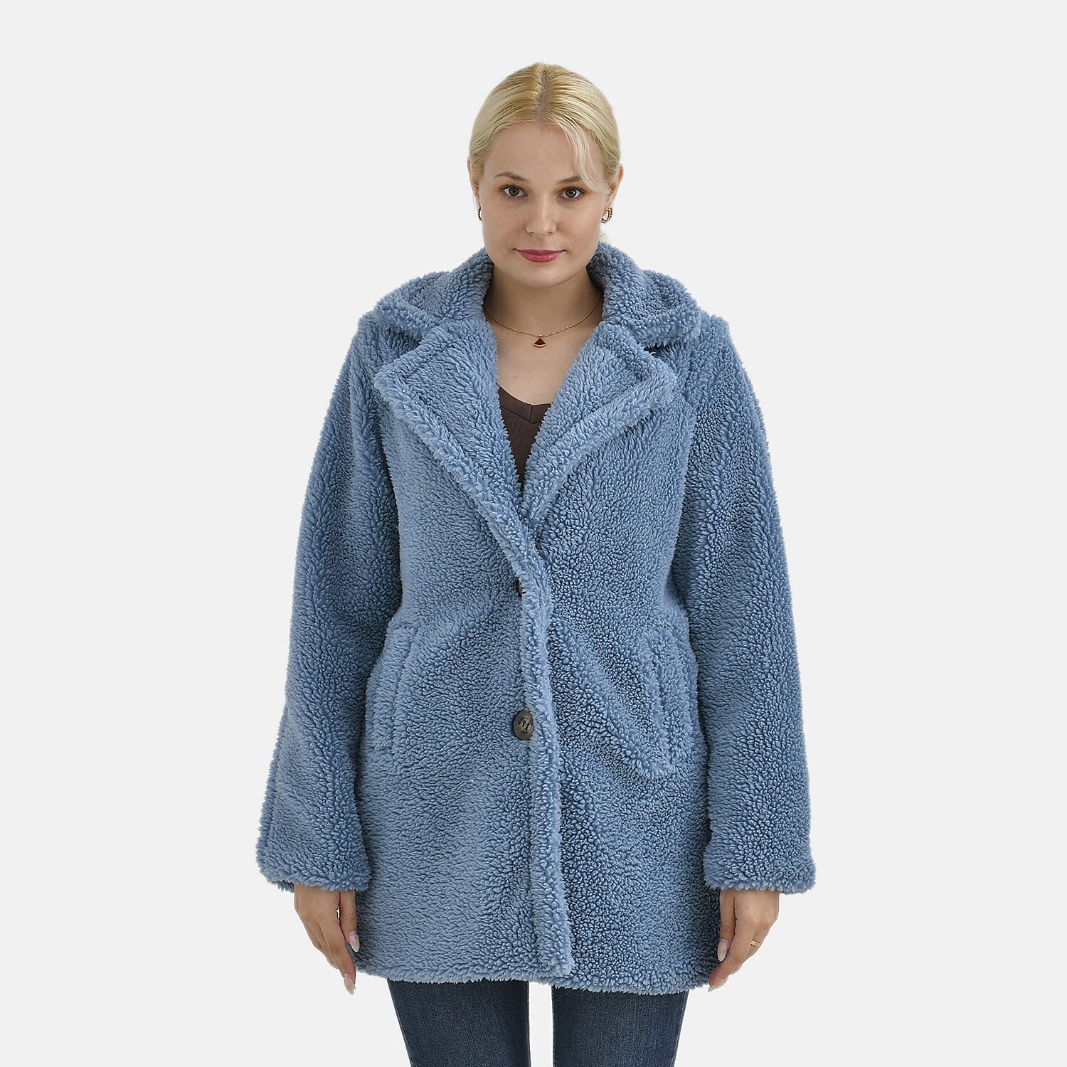 Tamsy Cream Luxe Sherpa Coat with 2 Front Pockets - One Size Missy
