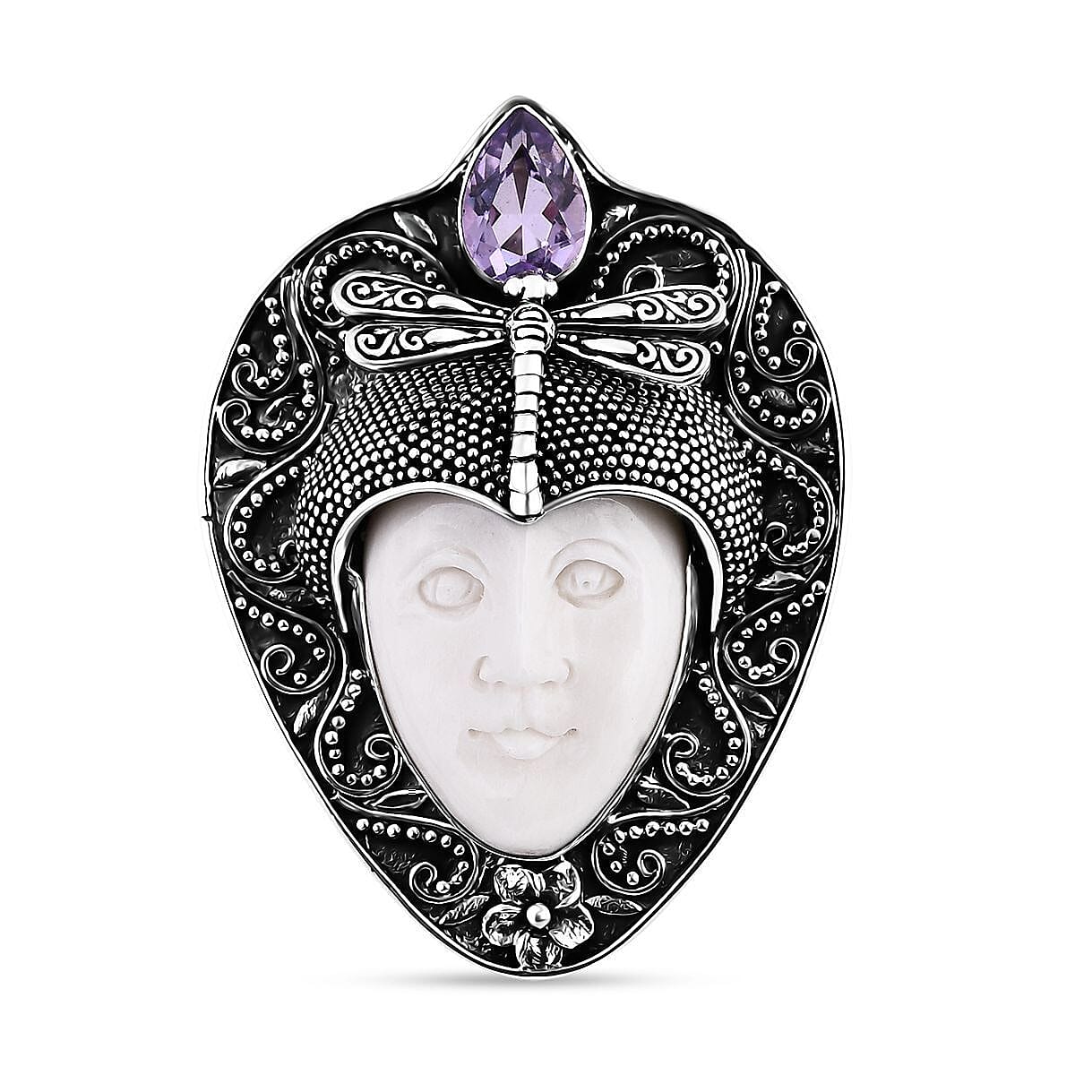 Bali Goddess Carved Bone and Rose De France Amethyst 1.80 ctw Pendant without Chain in Sterling Silver