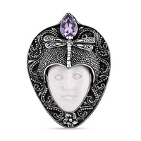 Bali Goddess Carved Bone and Rose De France Amethyst 1.80 ctw Pendant without Chain in Sterling Silver