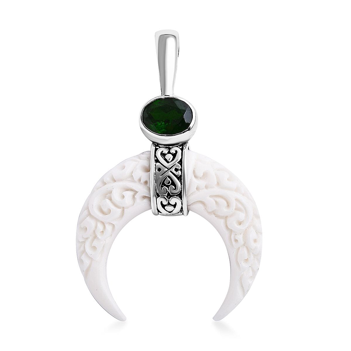 Bali Goddess Carved Bone and Chrome Diopside 1.25 ctw Crescent Moon Pendant without Chain in Sterling Silver