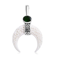 Bali Goddess Carved Bone and Chrome Diopside 1.25 ctw Crescent Moon Pendant without Chain in Sterling Silver