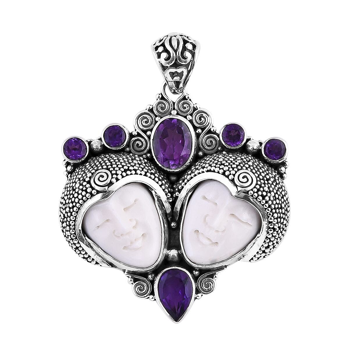 Bali Goddess Carved Bone and African Amethyst 3.70 ctw Royal Romance Pendant without Chain in Sterling Silver
