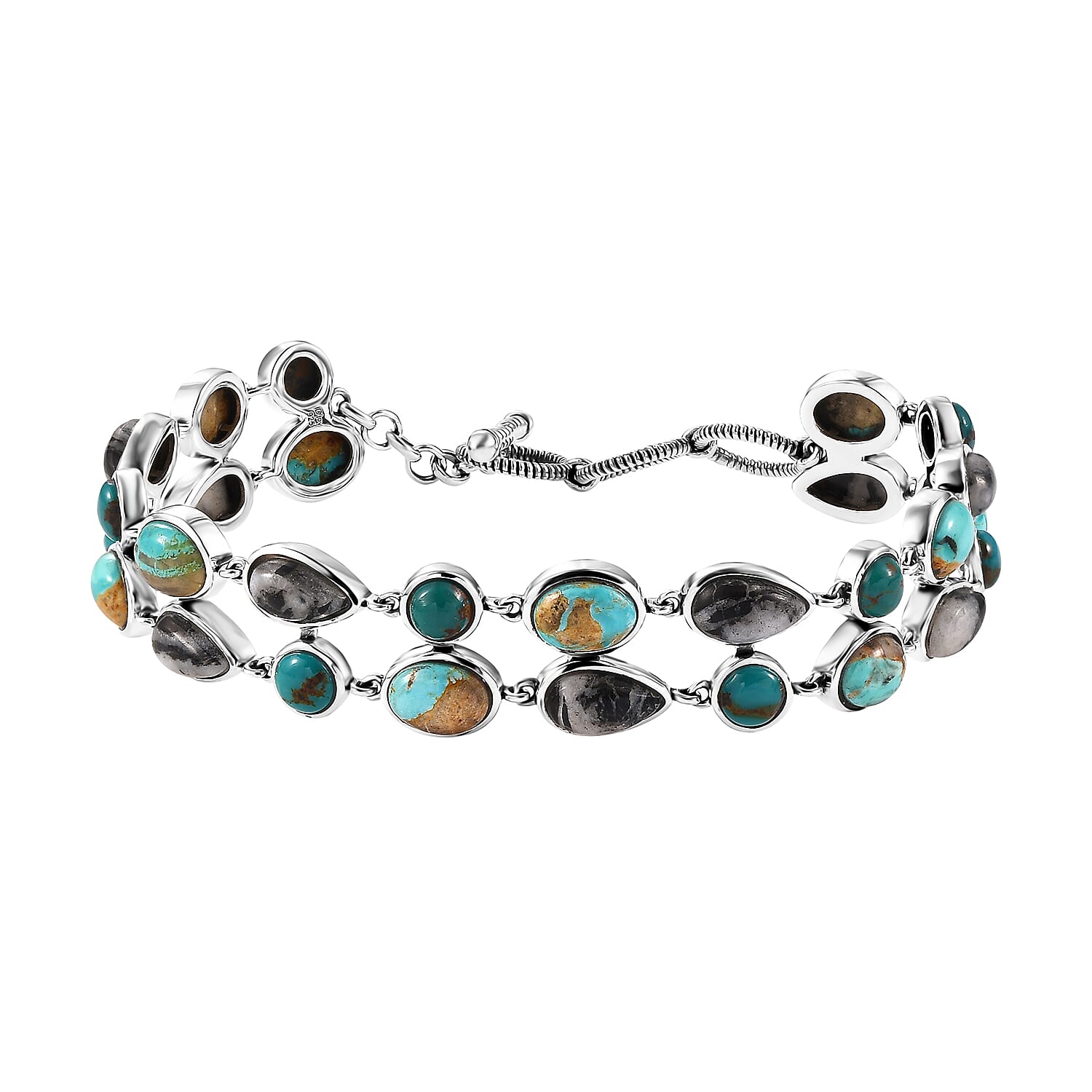 D'Joy Indian Artisan Crafted Royston and Sierra Nevada Turquoise, White Buffalo Bracelet 26.60 ctw in Black Oxidized Sterling Silver (6.50-8.0In)