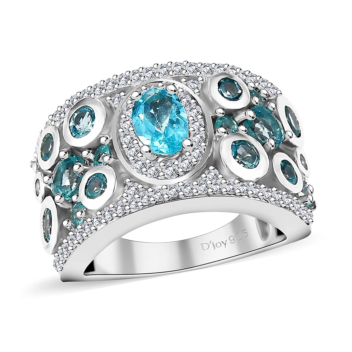 Lagoon Apatite, Multi Gemstone Galaxy Ring in Rhodium Over Sterling Silver (Size 10.0) 2.25 ctw