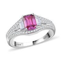 Lotus Pink Moissanite (Oct 7x5mm), Moissanite Art Deco Ring in Rhodium Over Sterling Silver (Size 10.0) 1.50 ctw
