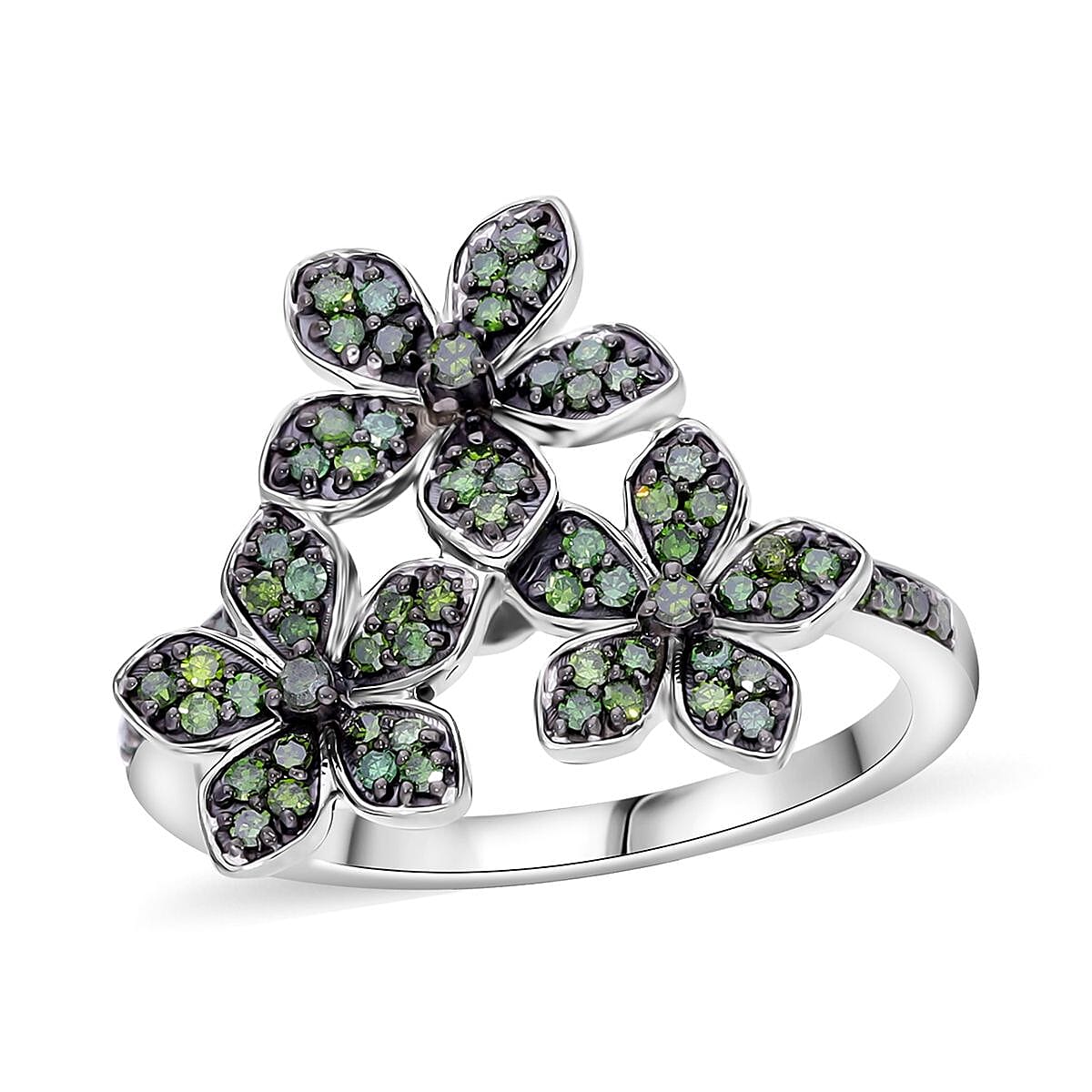 Green Diamond (IR) Floral Ring in Platinum Over Sterling Silver (Size 6.0) 0.33 ctw