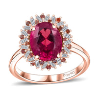 Premium Radiant Ember Garnet, Red Diamond (IR), Diamond (0.25 cts) Floral Ring in 18K Vermeil RG Over Sterling Silver (Size 5.0) 2.35 ctw