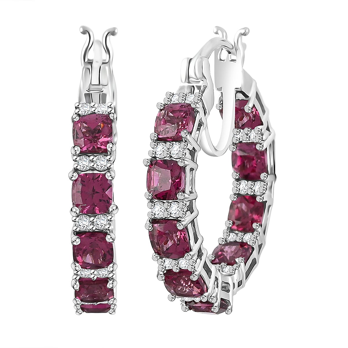 Tanzanian Wine Garnet and White Zircon 8.85 ctw Hoop Earring in Rhodium Over Sterling Silver