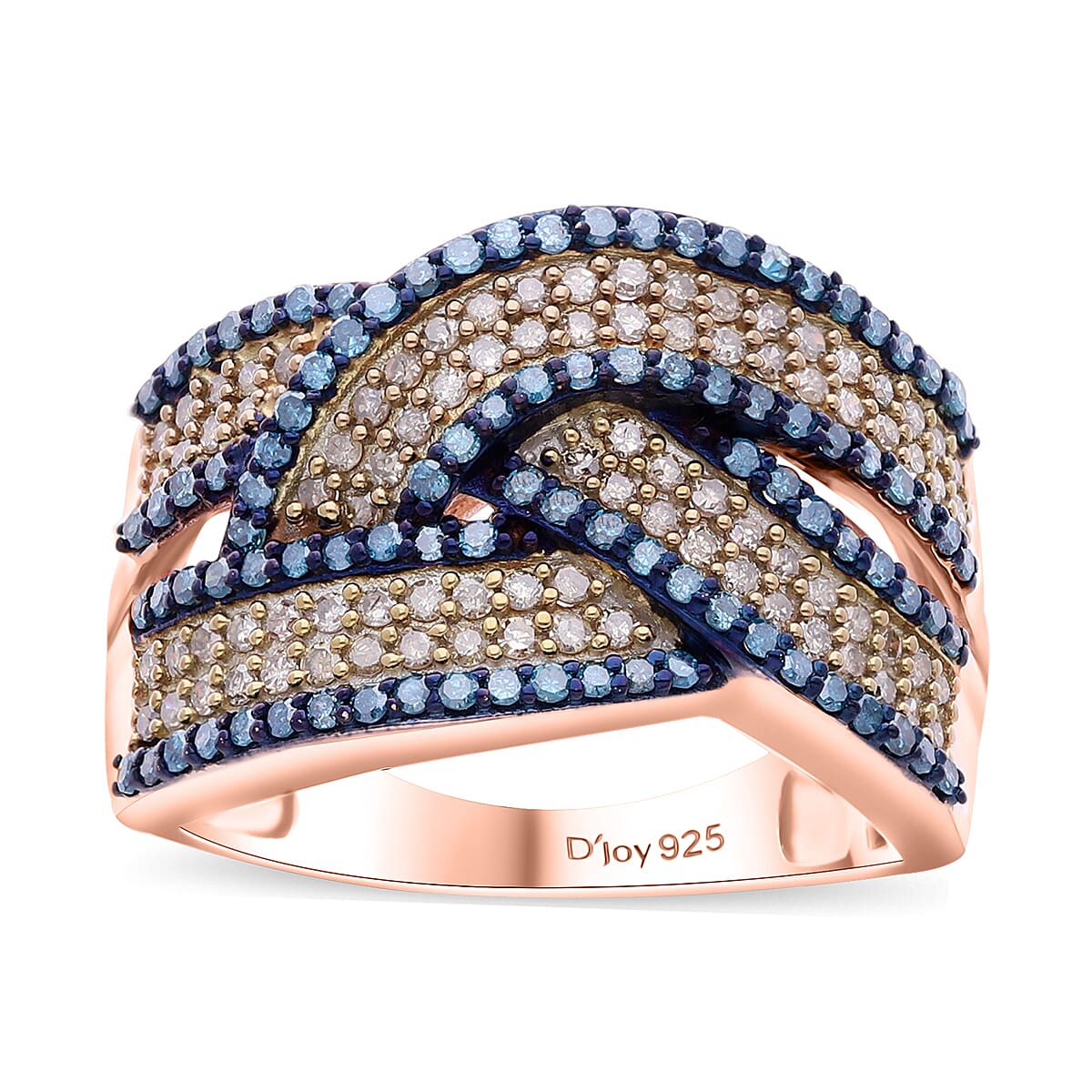 Natural Champagne Diamond, Blue Diamond (IR) Bridge Crossover Ring in Vermeil RG Over Sterling Silver (Size 6.0) 1.00 ctw