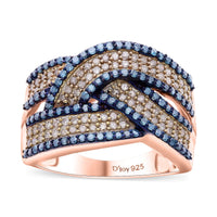 Natural Champagne Diamond, Blue Diamond (IR) Bridge Crossover Ring in Vermeil RG Over Sterling Silver (Size 6.0) 1.00 ctw