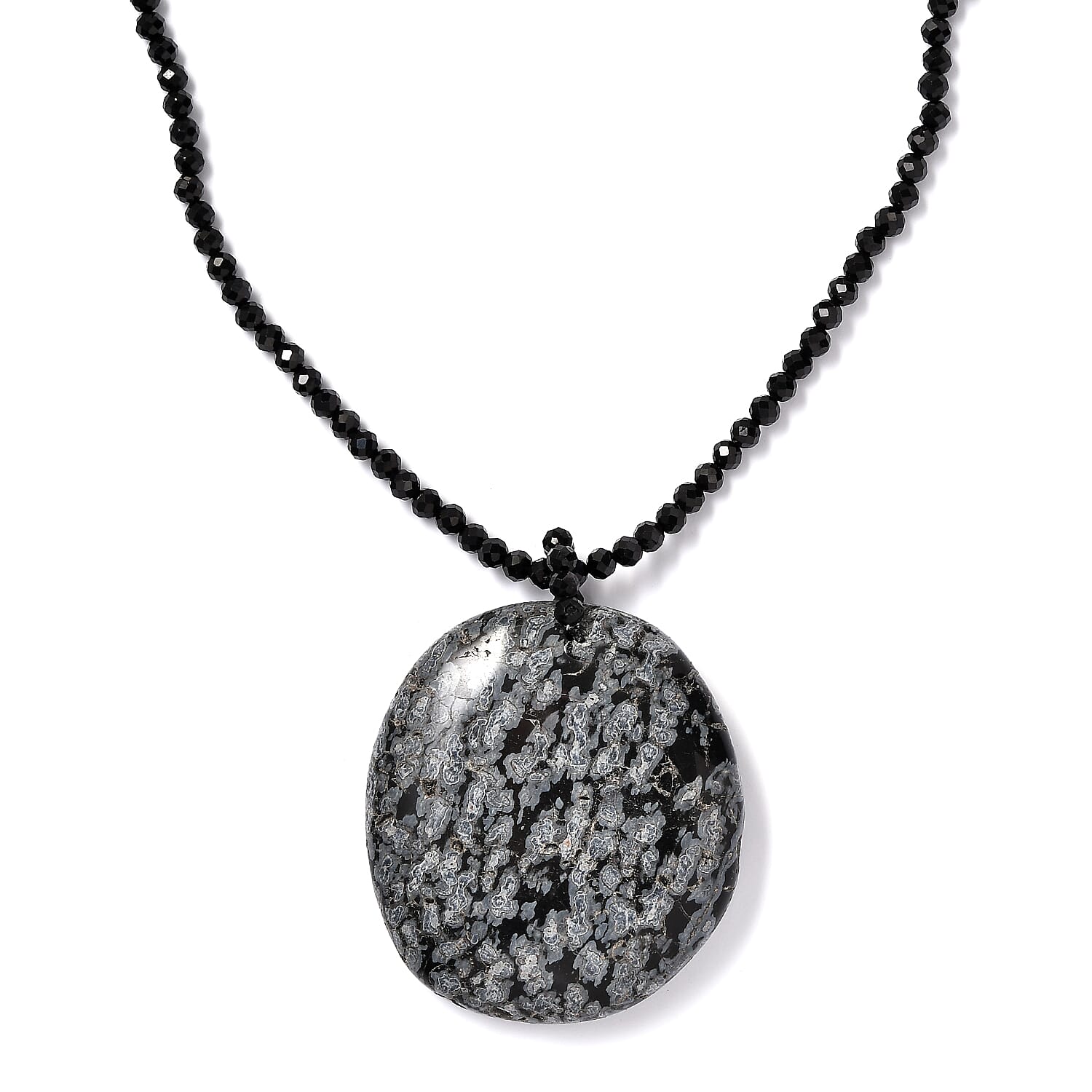 Snow Flake Obsidian and Thai Black Spinel 179.90 ctw Beaded Necklace in Stainless Steel 20 Inches