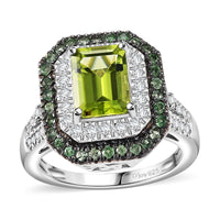 Peridot and Multi Gemstone 3.75 ctw Double Halo Ring in Rhodium Over Sterling Silver
