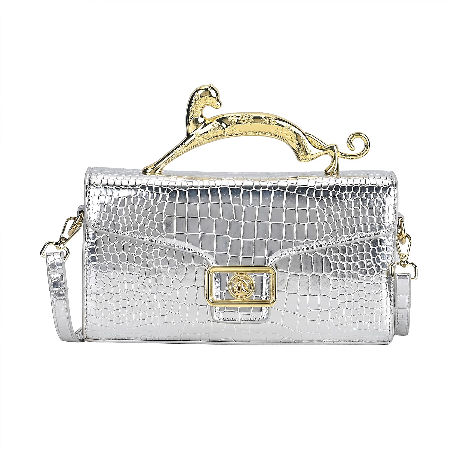 Silver Crocodile Embossed Faux Leather Crossbody Bag (10.23"x2.76"x5.5") with (46.5") Shoulder Strap