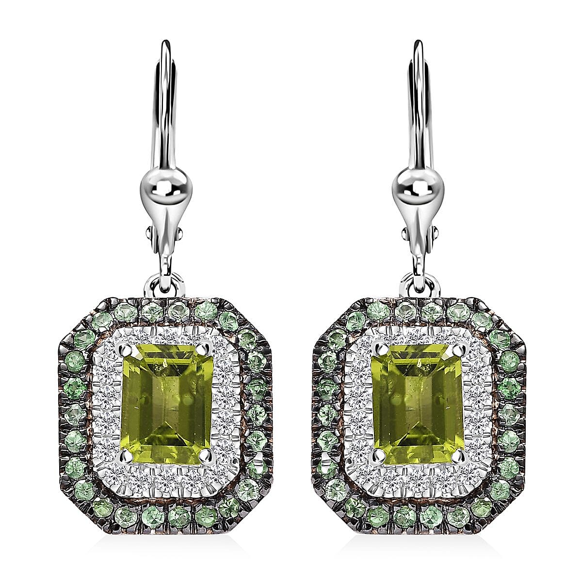 Peridot and Multi Gemstone 5.00 ctw Floral Double Halo Earrings in Rhodium Over Sterling Silver