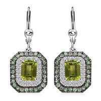 Peridot and Multi Gemstone 5.00 ctw Floral Double Halo Earrings in Rhodium Over Sterling Silver