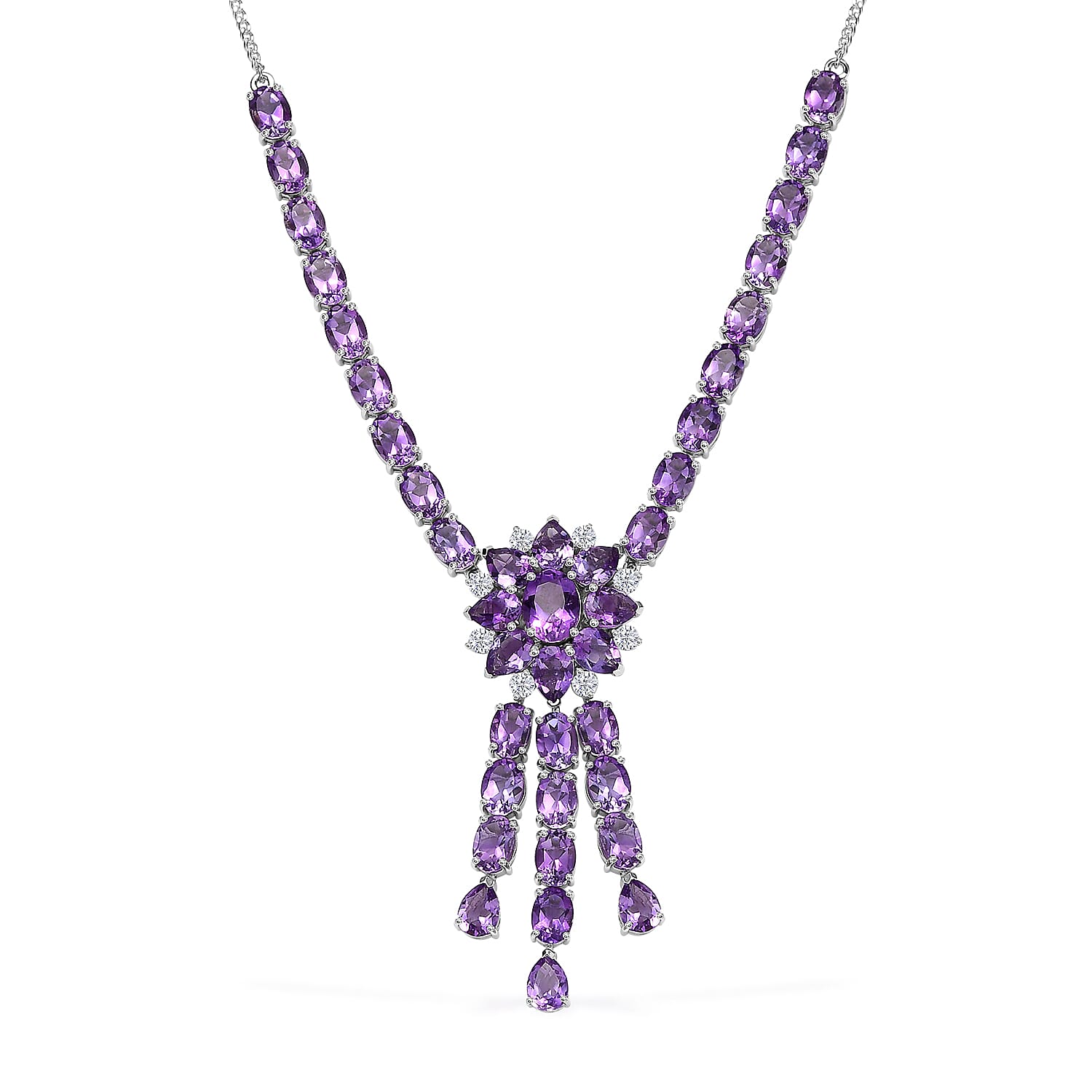 D'Joy Moroccan Rose and Moissanite 31.60 ctw Flower Necklace in Rhodium Over Sterling Silver 18-20 Inches