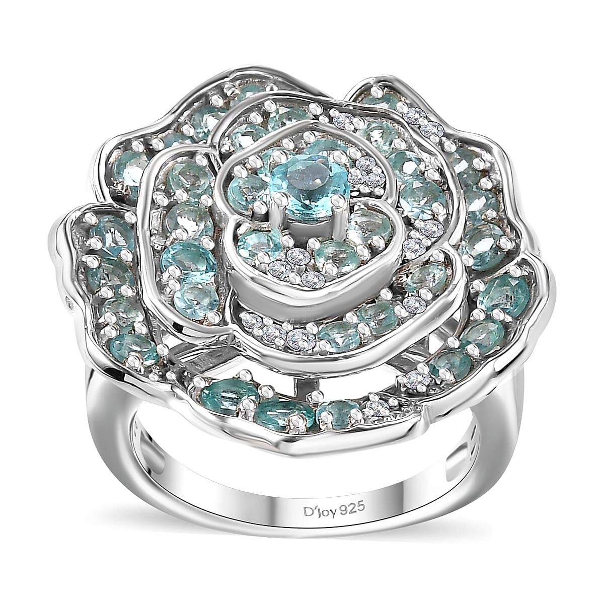 Lagoon Apatite, Moissanite Floral Ring in Rhodium Over Sterling Silver (Size 10.0) 3.10 ctw