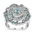 Lagoon Apatite, Moissanite Floral Ring in Rhodium Over Sterling Silver (Size 10.0) 3.10 ctw - Sticky add to cart bar