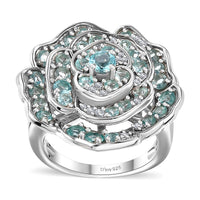 Lagoon Apatite, Moissanite Floral Ring in Rhodium Over Sterling Silver (Size 10.0) 3.10 ctw