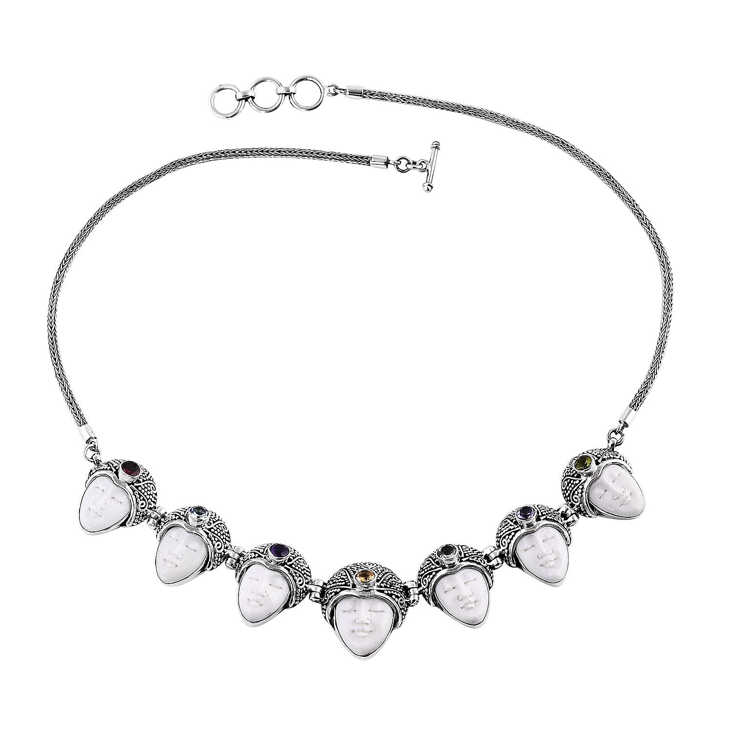 Bali Goddess Carved Bone and Multi Gemstone 3.50 ctw Seven Princess Necklace in Sterling Silver 20 Inches
