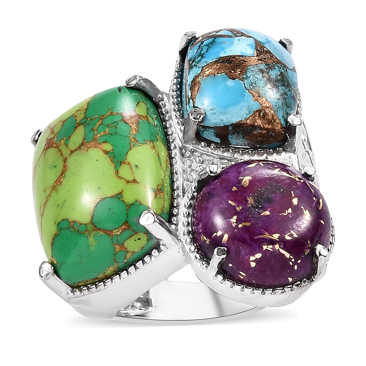 Mojave Green, Blue and Purple Turquoise Ring in Stainless Steel (Size 10.0) 23.35 ctw