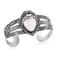 Bali Goddess Carved Bone and African Ruby (FF) 1.85 ctw Cuff Bracelet in Sterling Silver (7.50 In)