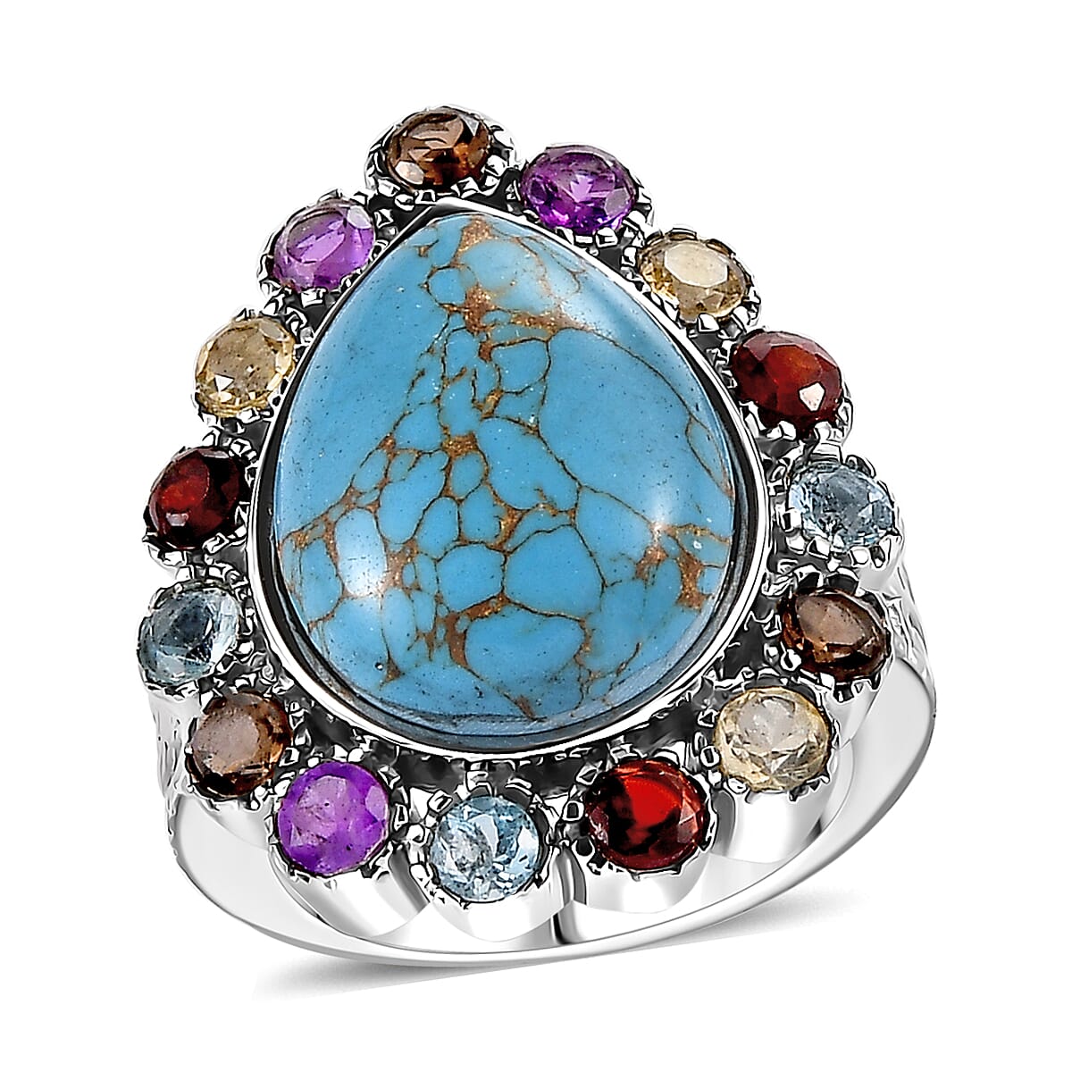 Mojave Blue Turquoise and Multi Gemstones 11.10 ctw Flower Ring in Stainless Steel (Size 10.0)