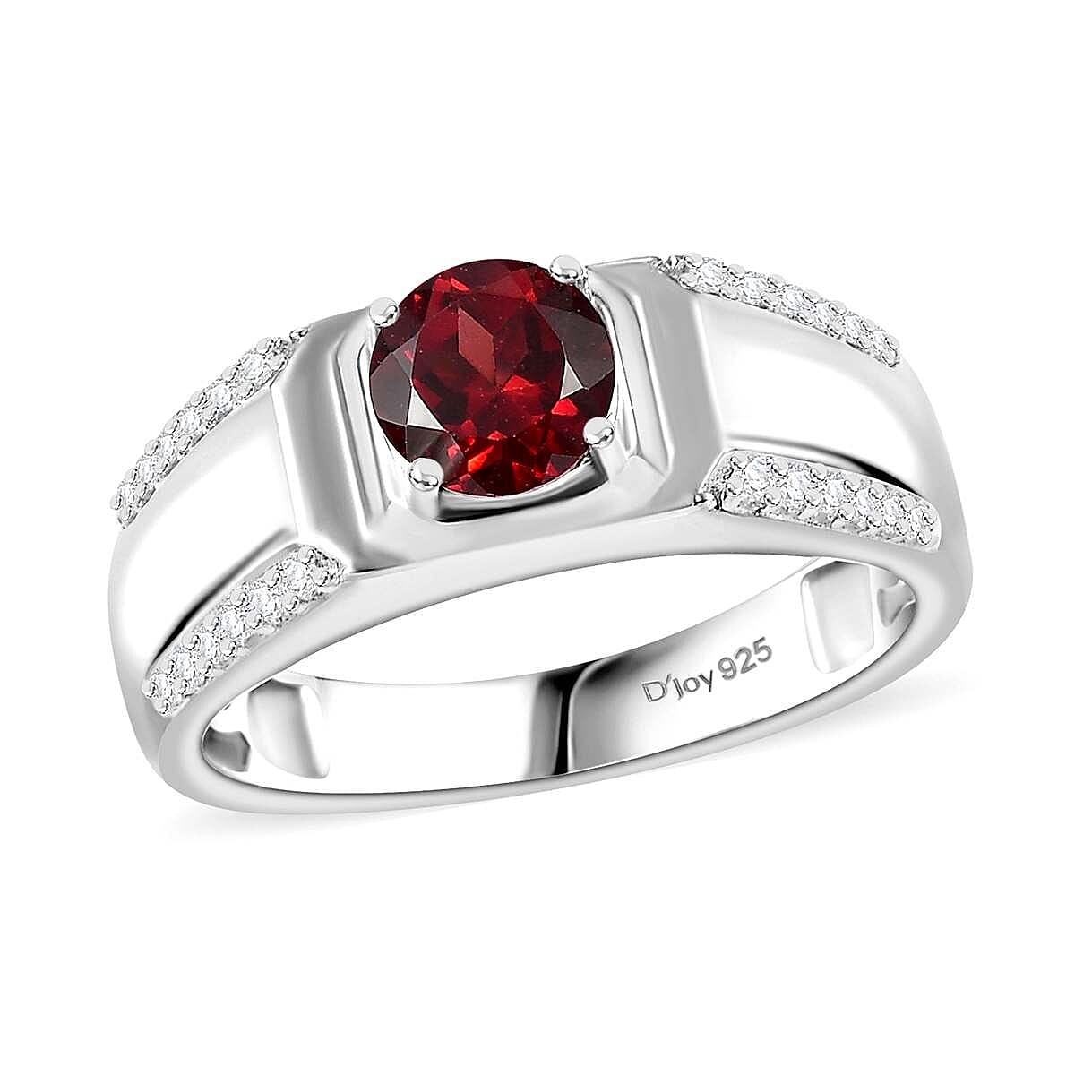 Mozambique Garnet, White Zircon Men's Ring in Rhodium Over Sterling Silver (Size 9.0) 1.30 ctw