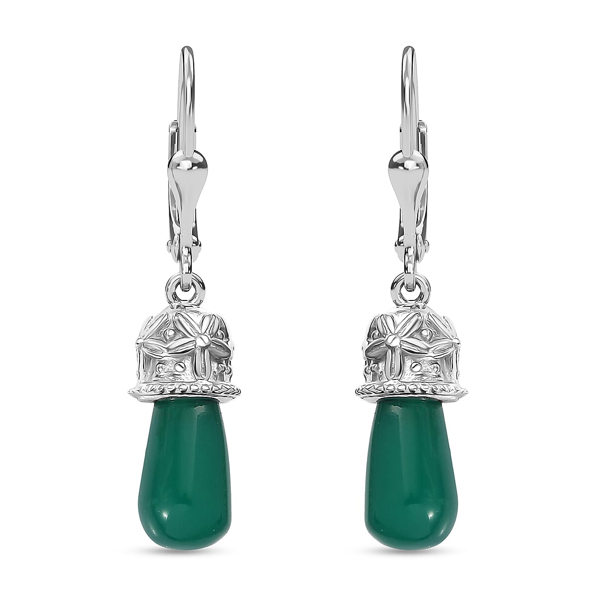 D'Joy Verde Onyx 6.60 ctw Floral on Cap Earrings in Rhodium Over Sterling Silver