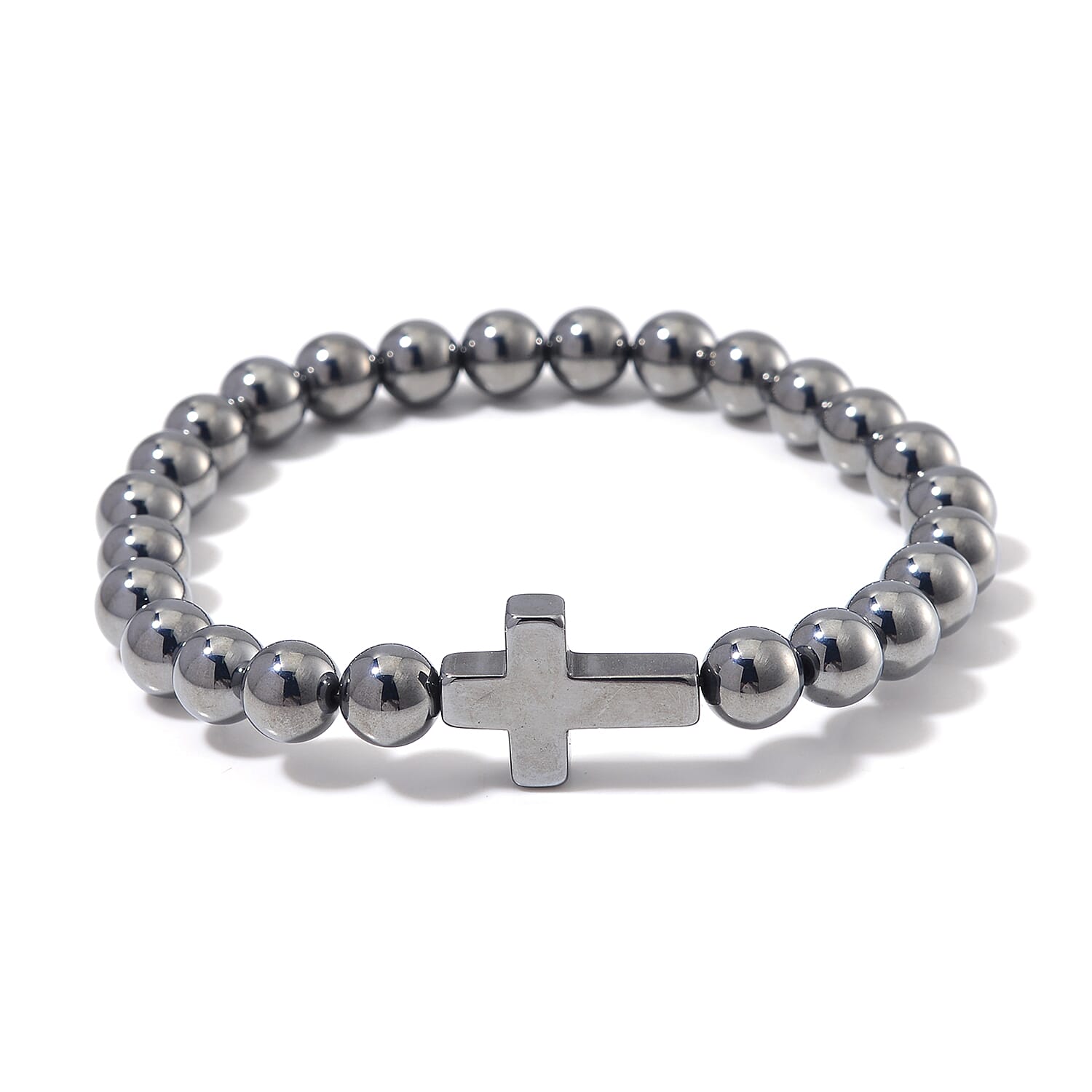 Terahertz 85.00 ctw Block Stretch Men's Bracelet with Cross Charm (7.5-8.0In)