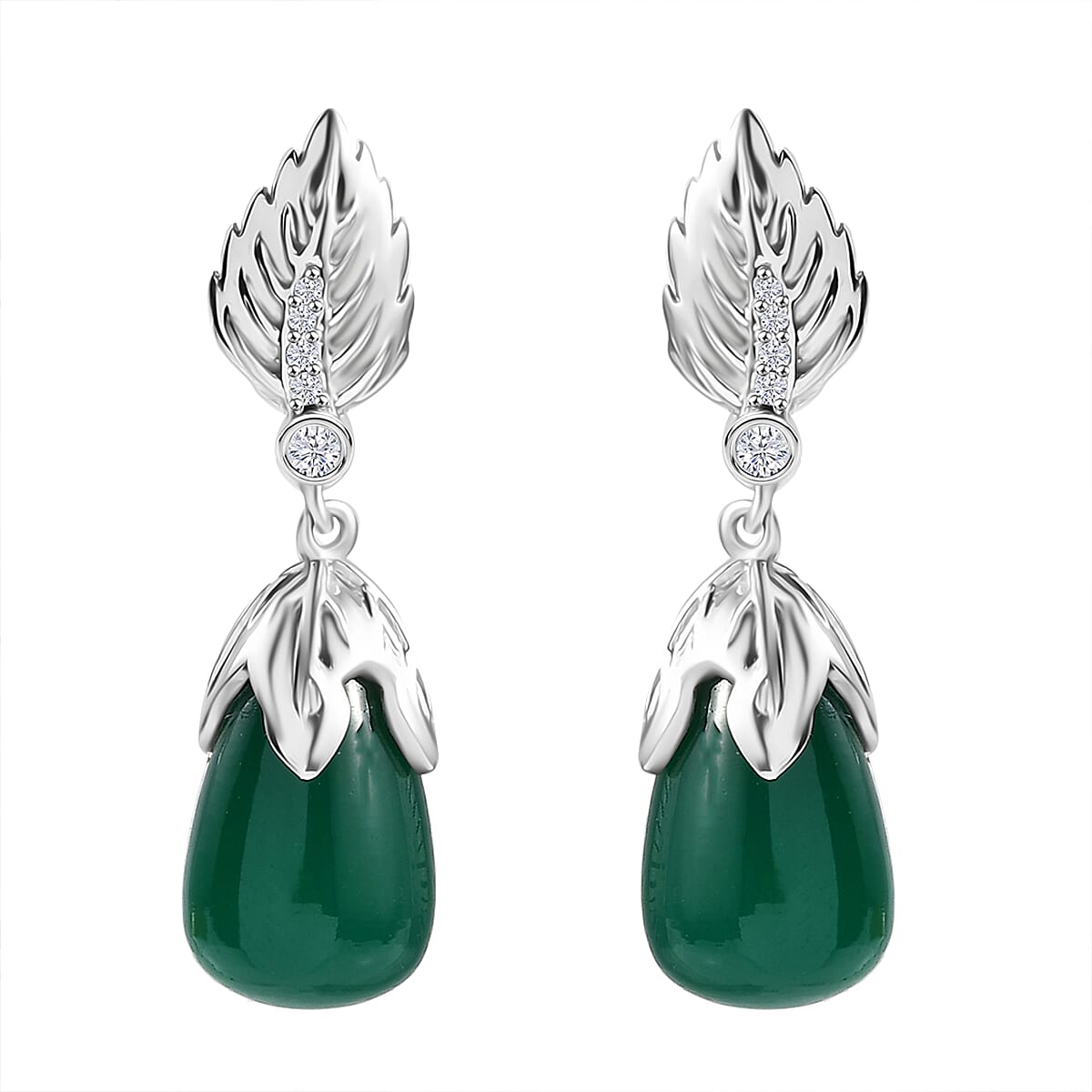 Verde Onyx and White Zircon 15.10 ctw Leaf Earrings in Rhodium Over Sterling Silver